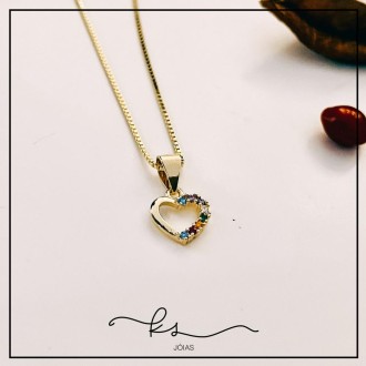 Detalhes do produto colar ouro corrente coração pequeno liso e zirconias color