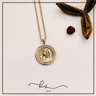 Detalhes do produto colar ouro medalha face de maria volta zirconias
