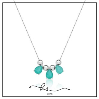 Detalhes do produto colar ródio 3 gotas cristal verde e 4 bolinhas lisas