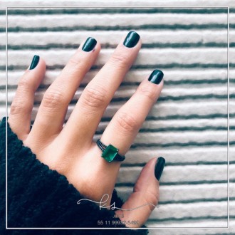 Detalhes do produto anel rodio negro retangulo verde 2 voltas zitconias negras