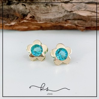 Detalhes do produto brinco infantil ouro flor com meio cristal azul