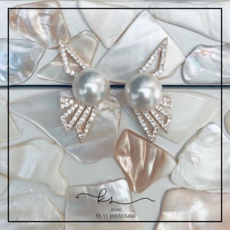 Detalhes do produto brinco ouro 4 triangulos zirconias meio perola grande