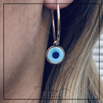 Detalhes do produto brinco ouro argola media com olho grego esmaltado pendurado
