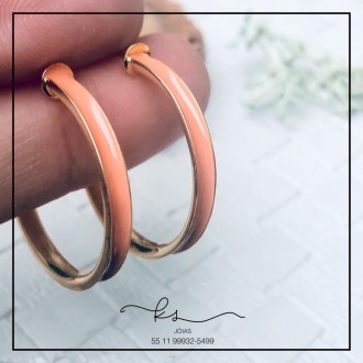 Detalhes do produto brinco ouro argola media esmaltada coral