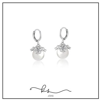Detalhes do produto brinco ródio argola com flores cristal e bolinha pérola