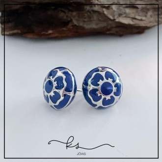 Detalhes do produto brinco ródio bola achatada esmaltado flores azul safira