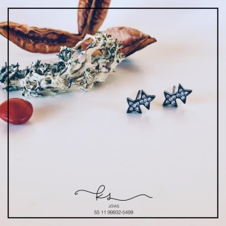 Detalhes do produto brinco rodio negro 2 estrelas 4 pontas cravejadas
