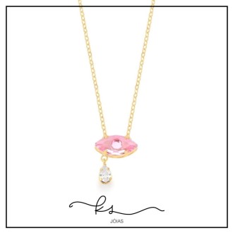 Detalhes do produto colar ouro olho grego cristal rosa com gotinha pendurada