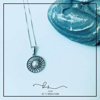 Detalhes do produto colar prata envelhecida mandala riscas lisas meio perola