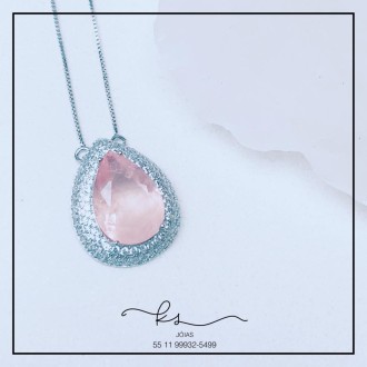 Detalhes do produto colar rodio gota rosa salmao com base 3 voltas zirconias