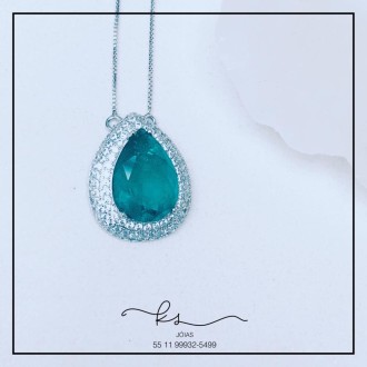 Detalhes do produto colar rodio gota verde escuro com base 3 voltas zirconias