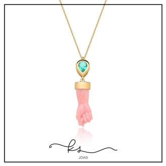 Detalhes do produto colar ouro gota contrária verde com figa de baquelite coral