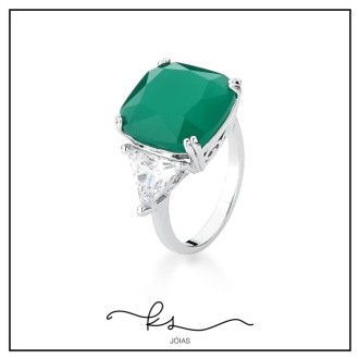Detalhes do produto anel ródio cristal quadrado verde com 2 triângulos cristal