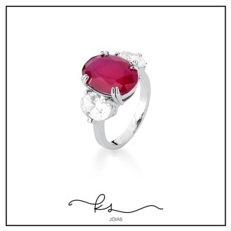 Detalhes do produto anel ródio oval cristal rosa com 2 ovais cristal na lateral
