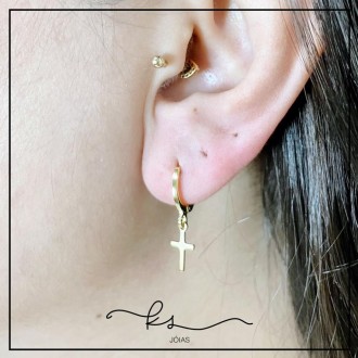 Detalhes do produto brinco ouro argola executiva fina pingente cruz liso