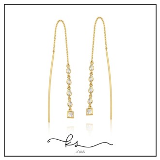 Detalhes do produto brinco ouro agulha com cristais 4 gotas e 1 quadrado