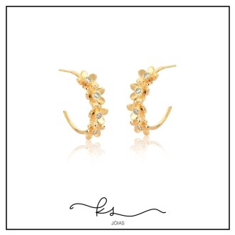 Detalhes do produto brinco ouro argola 4 flores com meio zircônia