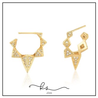 Detalhes do produto brinco ouro argola com 5 triângulos 3d cravejados zircônias