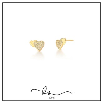 Detalhes do produto brinco ouro 2 corações liso e zircônias
