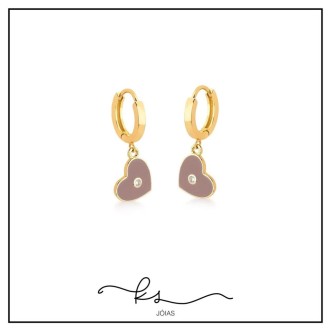Detalhes do produto brinco ouro argola com coração esmaltado rosa queimado