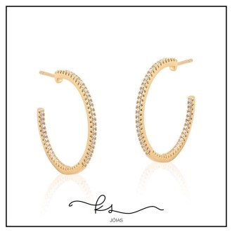 Detalhes do produto brinco ouro argola cravejada zirconias por dentro e por fora