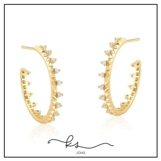 Detalhes do produto brinco ouro argola média com pontos de zirconias