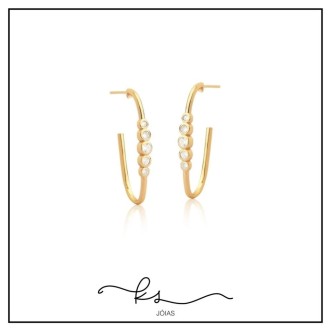 Detalhes do produto brinco ouro argola oval com 5 bolinhas cristal