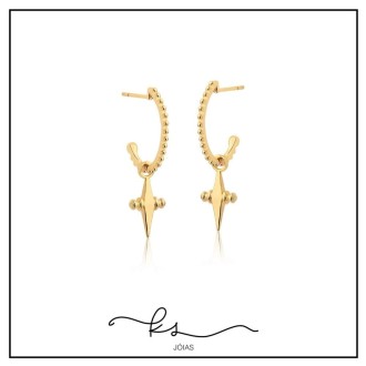 Detalhes do produto brinco ouro argola oval com bolinhas e uma cruz pendurada
