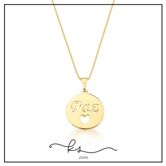 Detalhes do produto colar ouro medalha redonda escrito Paz com coração vazado