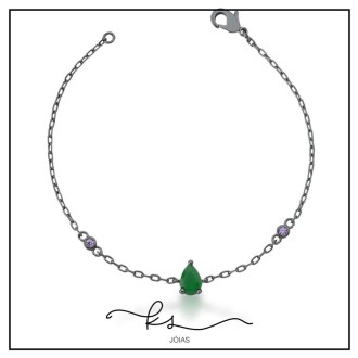Detalhes do produto pulseira ródio negro corrente gota verde