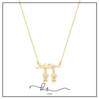 Detalhes do produto colar ouro escrito mãe infinito com dois meninos pendurados
