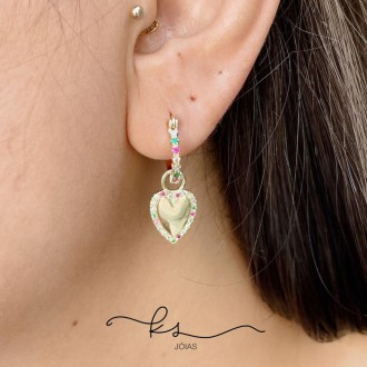 Detalhes do produto brinco ouro argola zircônias color coração pendurado