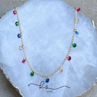 Detalhes do produto colar ouro choker cristais redondos color pendurados