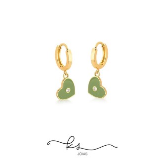Detalhes do produto Brinco ouro argola executiva com coração esmaltado verde oliva