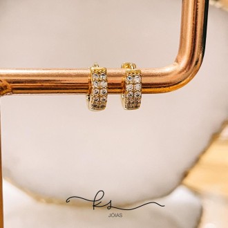 Detalhes do produto Brinco ouro argola executiva com 2 filas zircônias tamanho 1