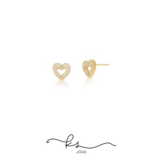 Detalhes do produto Brinco ouro coração vazado cravejado zircônias 2 filas