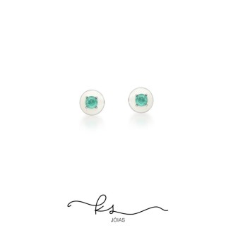 Detalhes do produto Brinco ródio bolinha resina branca com cristal verde