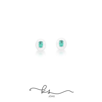 Detalhes do produto Brinco ródio oval resina branca com cristal verde