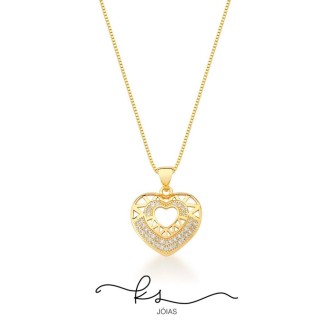 Detalhes do produto Colar ouro coração trama vazada com zircônias