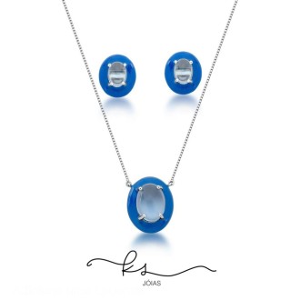 Detalhes do produto Conjunto ródio oval esmaltada azul com cristal azul