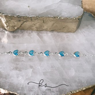 Detalhes do produto Pulseira prata 5 corações cristal azul