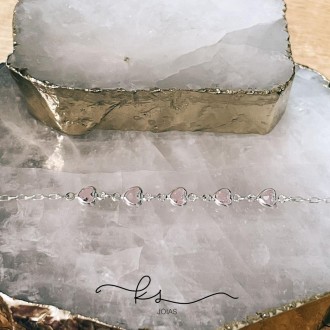Detalhes do produto Pulseira prata 5 corações cristal rosa claro