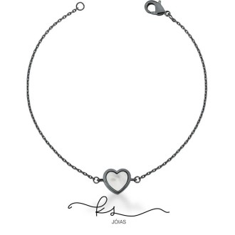 Detalhes do produto Pulseira ródio negro com coração madrepérola