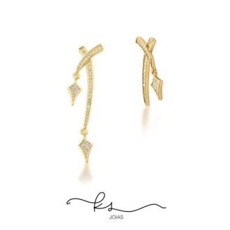 Detalhes do produto brinco ouro x assimétrico cravejado zircônias com pêndulo