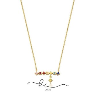 Detalhes do produto colar ouro régua com zircônias color e estrela pendurada