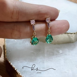 Detalhes do produto brinco ouro cristas rosa e lilás com gota pendurada verde