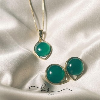 Detalhes do produto conjunto ouro pedras naturais agata verde gota invertida